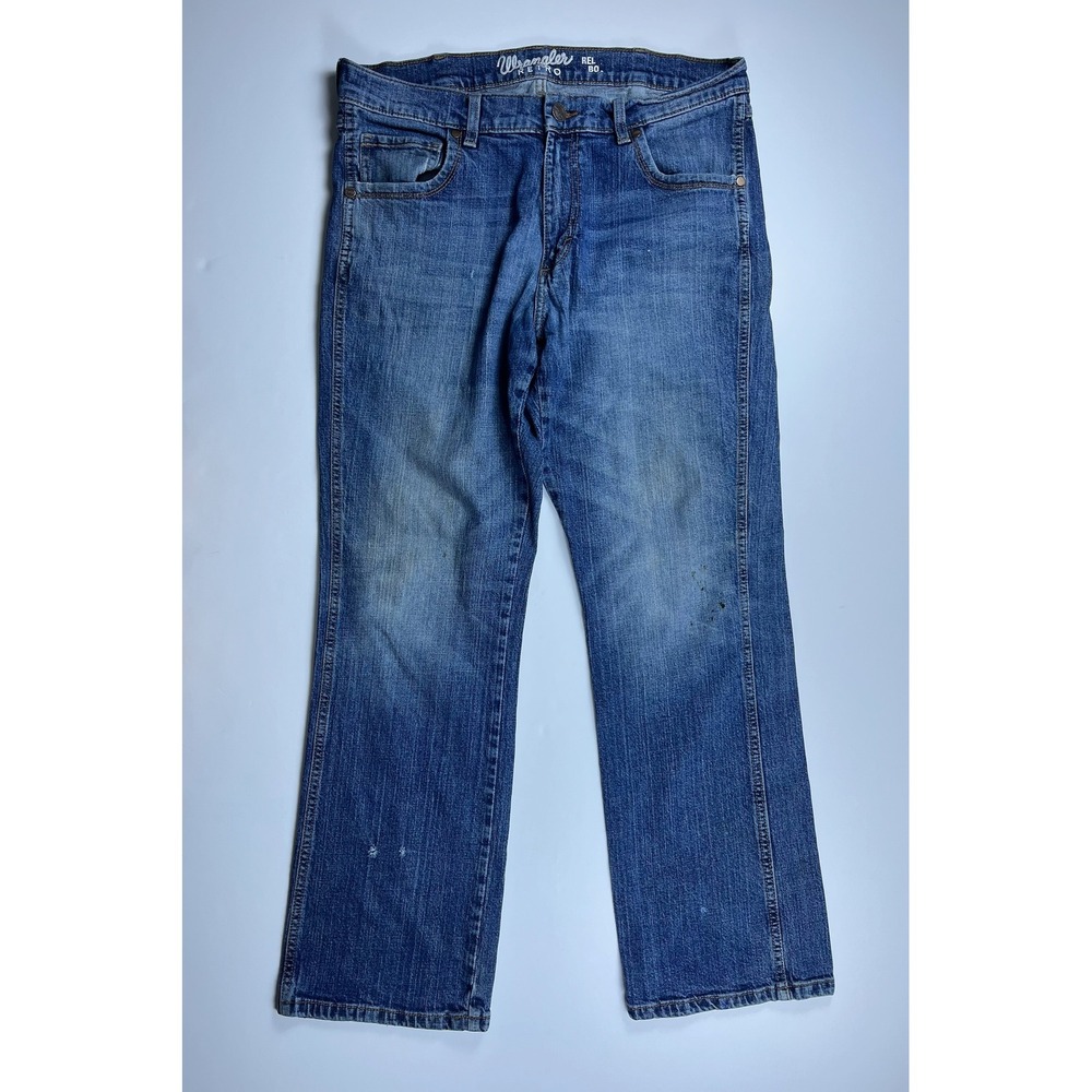 Wrangler Retro Relaxed Bootcut Jeans Mens 34x29 Medium Wash Blue Denim Stained
